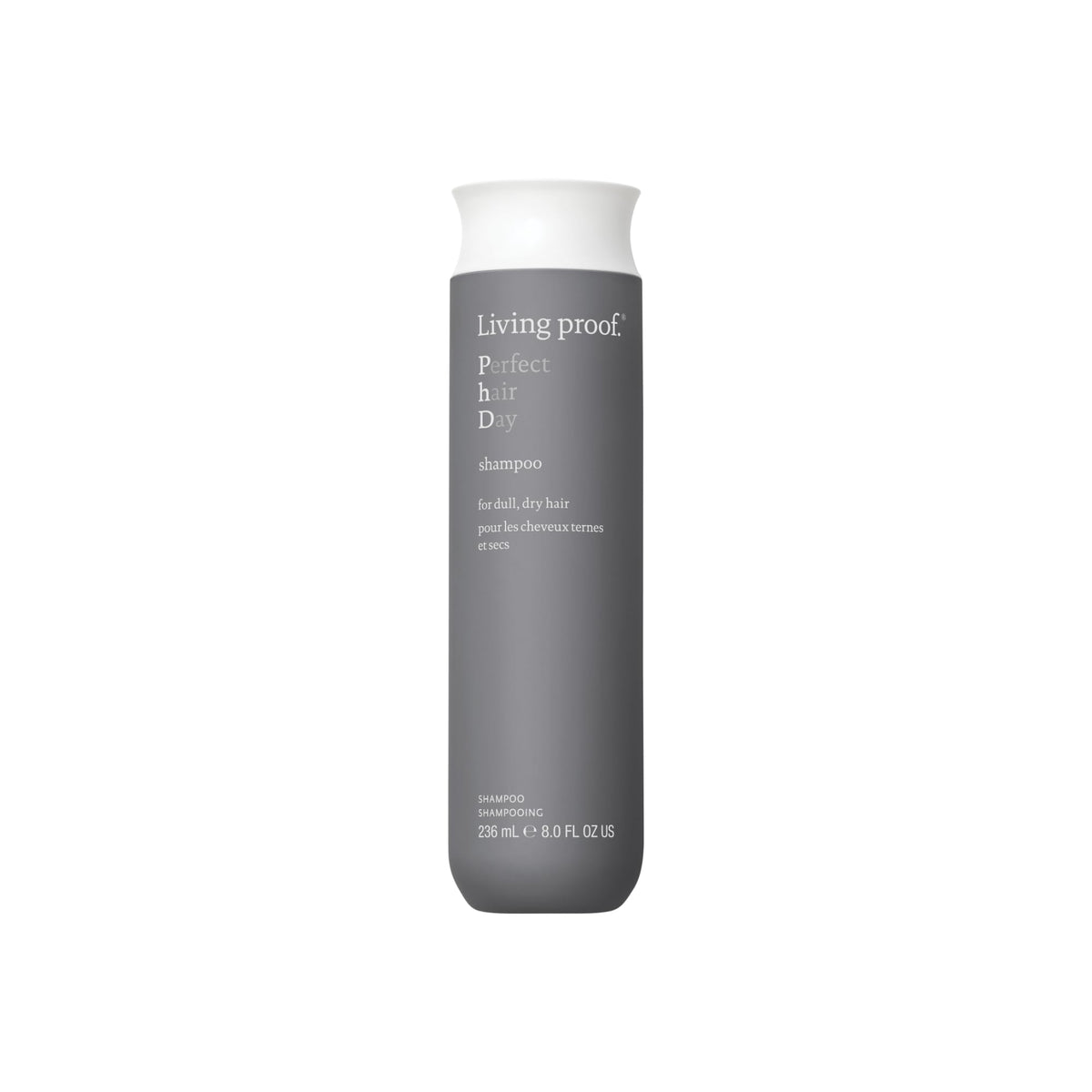 Living Proof Perfect Hair Day Shampoo bottle close-up highlighting long-lasting hydration.