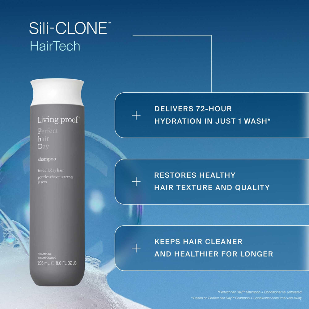 Living Proof Perfect Hair Day Shampoo rich lather delivering dense cleansing foam.