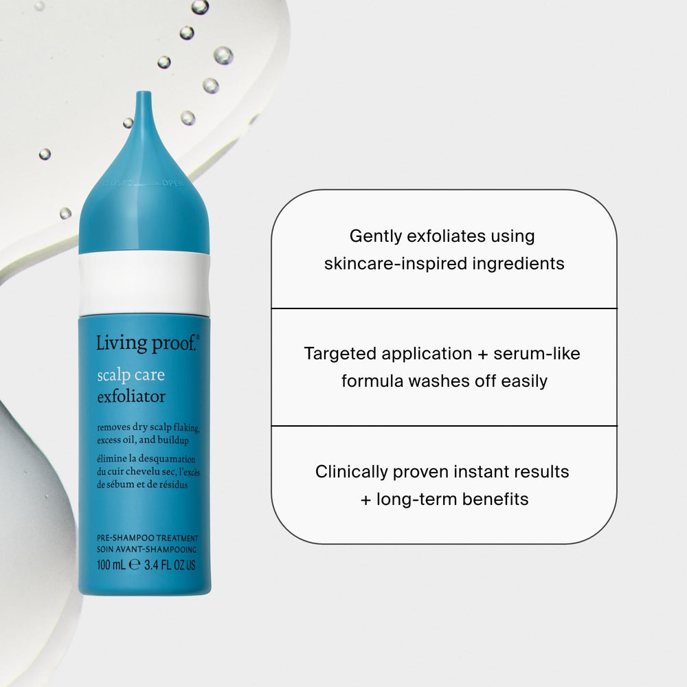 Living Proof Scalp Care Exfoliator before-after shows dryness reduction and improved scalp appearance.