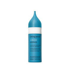 Living Proof Scalp Care Exfoliator bottle demonstrates gentle exfoliation removing buildup before shampoo.