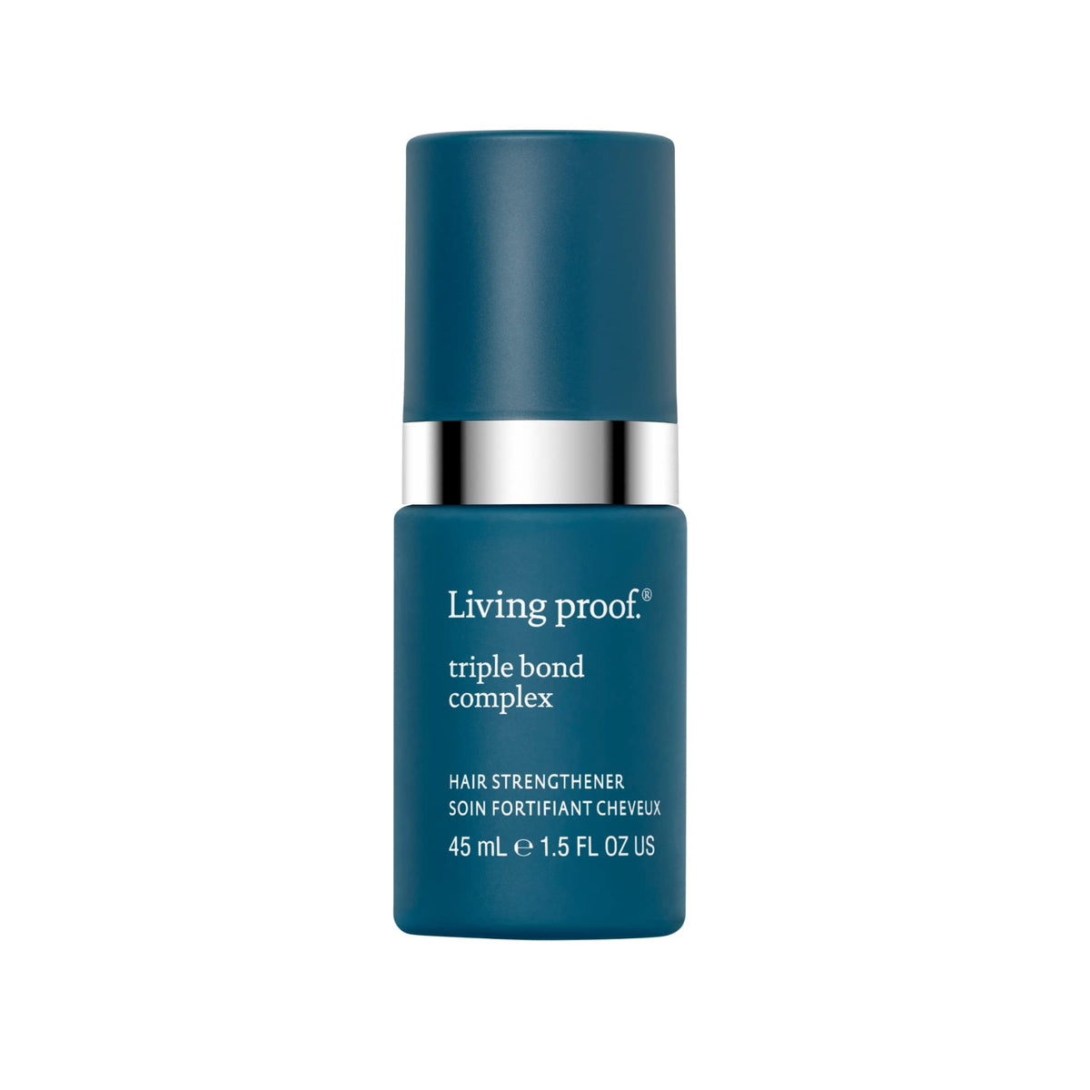 Living Proof Triple Bond Complex Leave-In bottle demonstrates heat protection for everyday styling