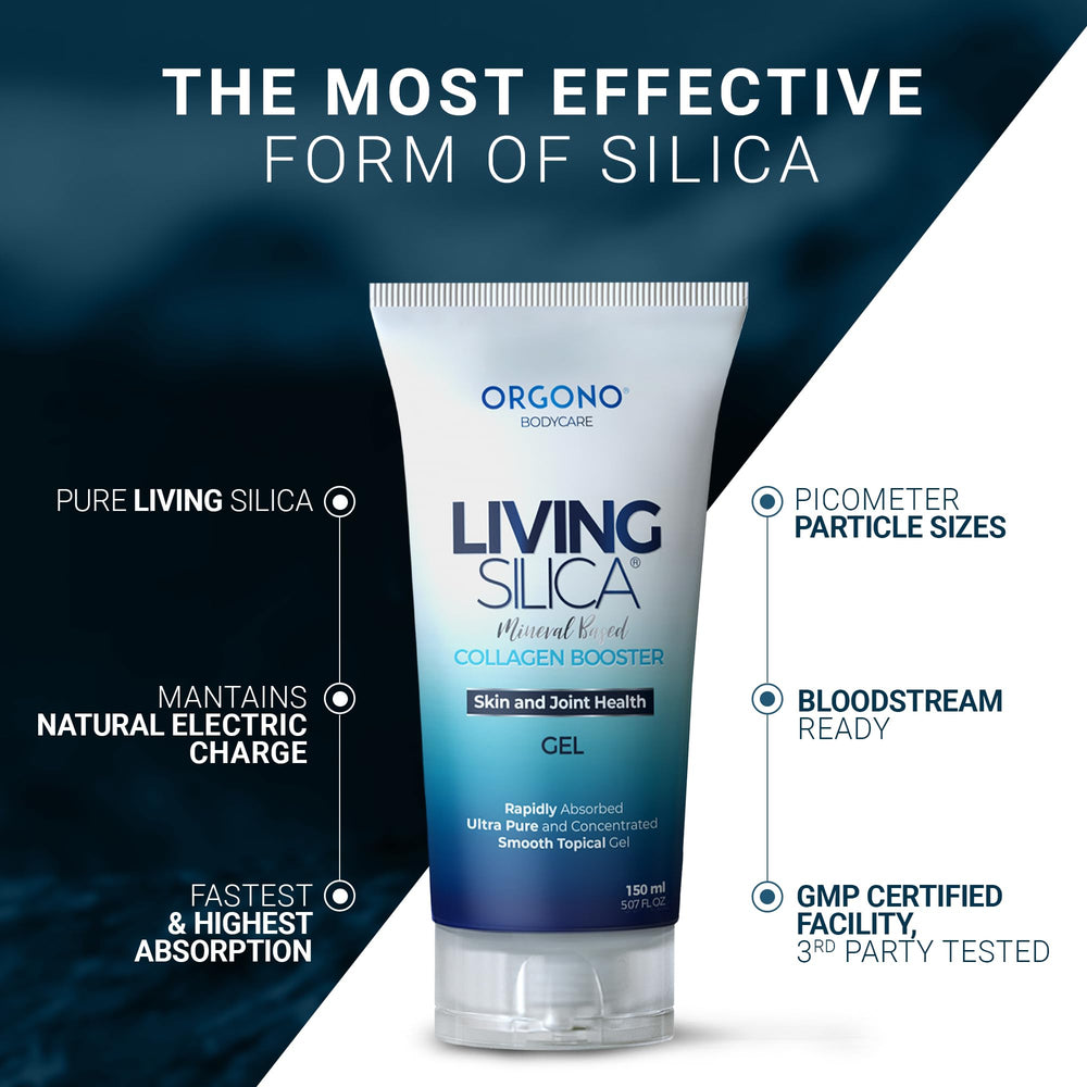 Living Silica Orgono bottle beside running shoes for active joint support