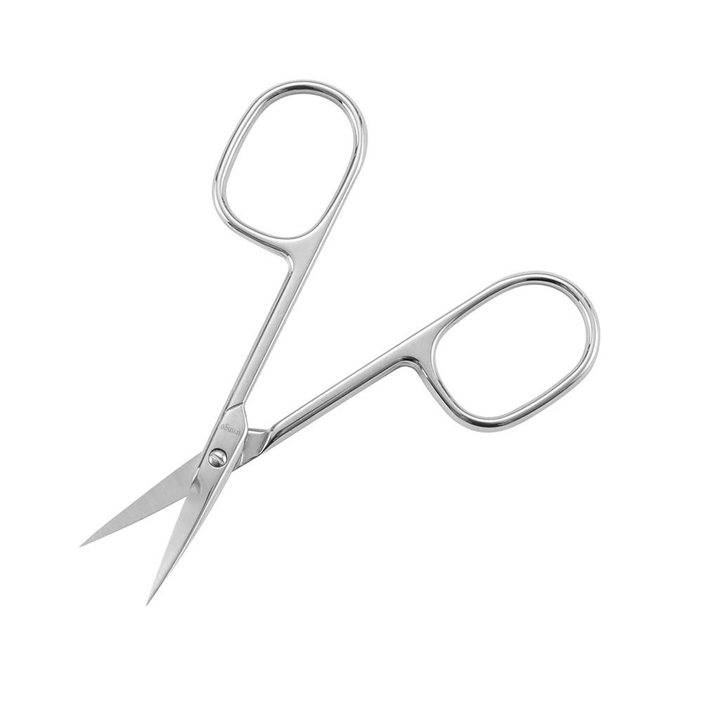 LIVINGO Premium Manicure Scissors curved tip close-up enabling precise eyebrow shaping