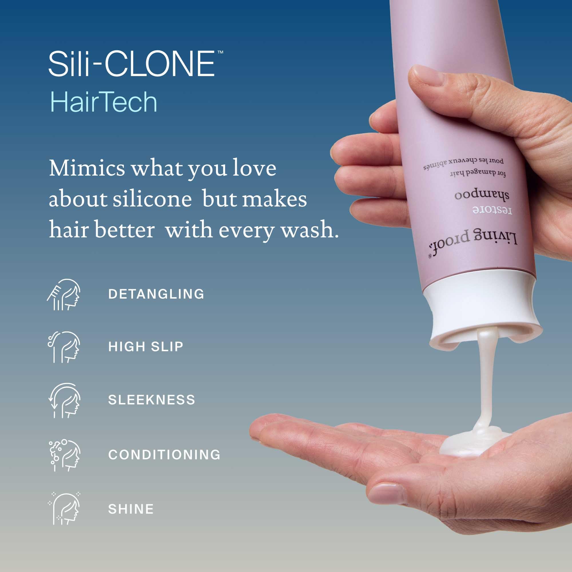 Living Proof Restore Shampoo application scene demonstrates gentle-on-scalp cleansing.