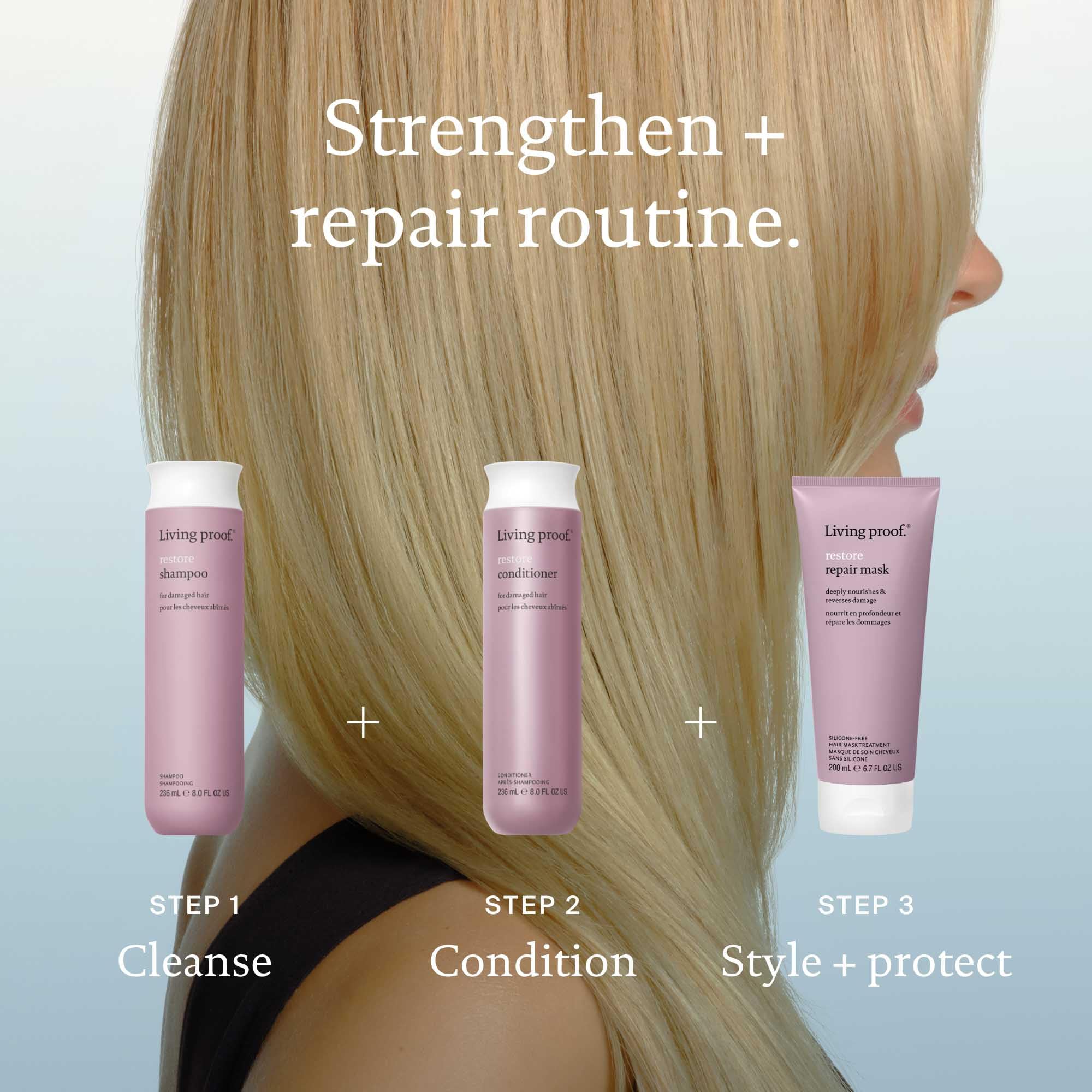 Living Proof Restore Shampoo before-after style emphasizes stronger strands.