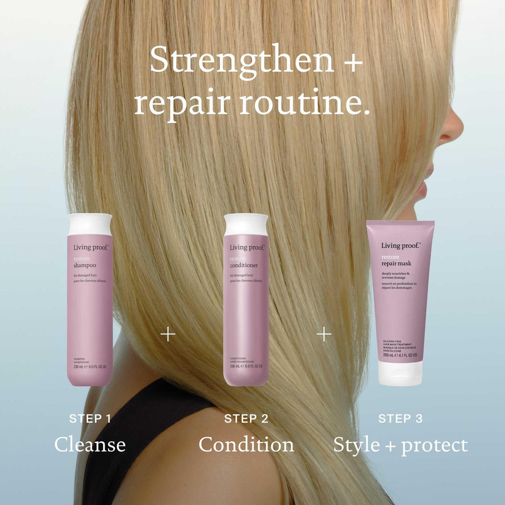 Living Proof Restore Shampoo before-after style emphasizes stronger strands.