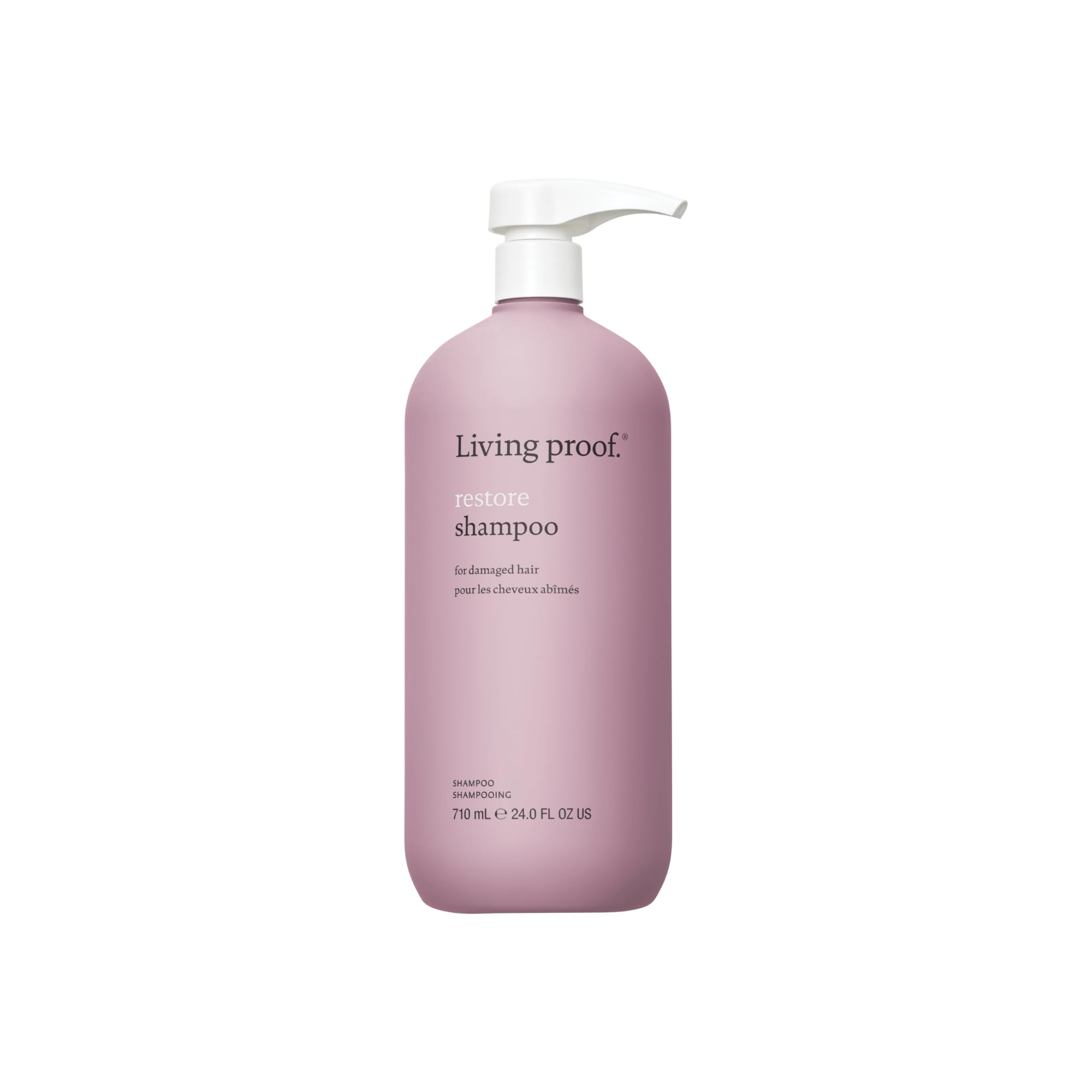 Living Proof Restore Shampoo bottle shows silicone-free strength and shine.