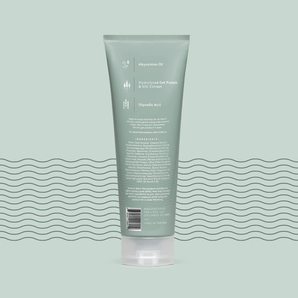 LivSo Moisturizing Scalp Conditioner with glycolic acid exfoliates scalp for refreshed feel.