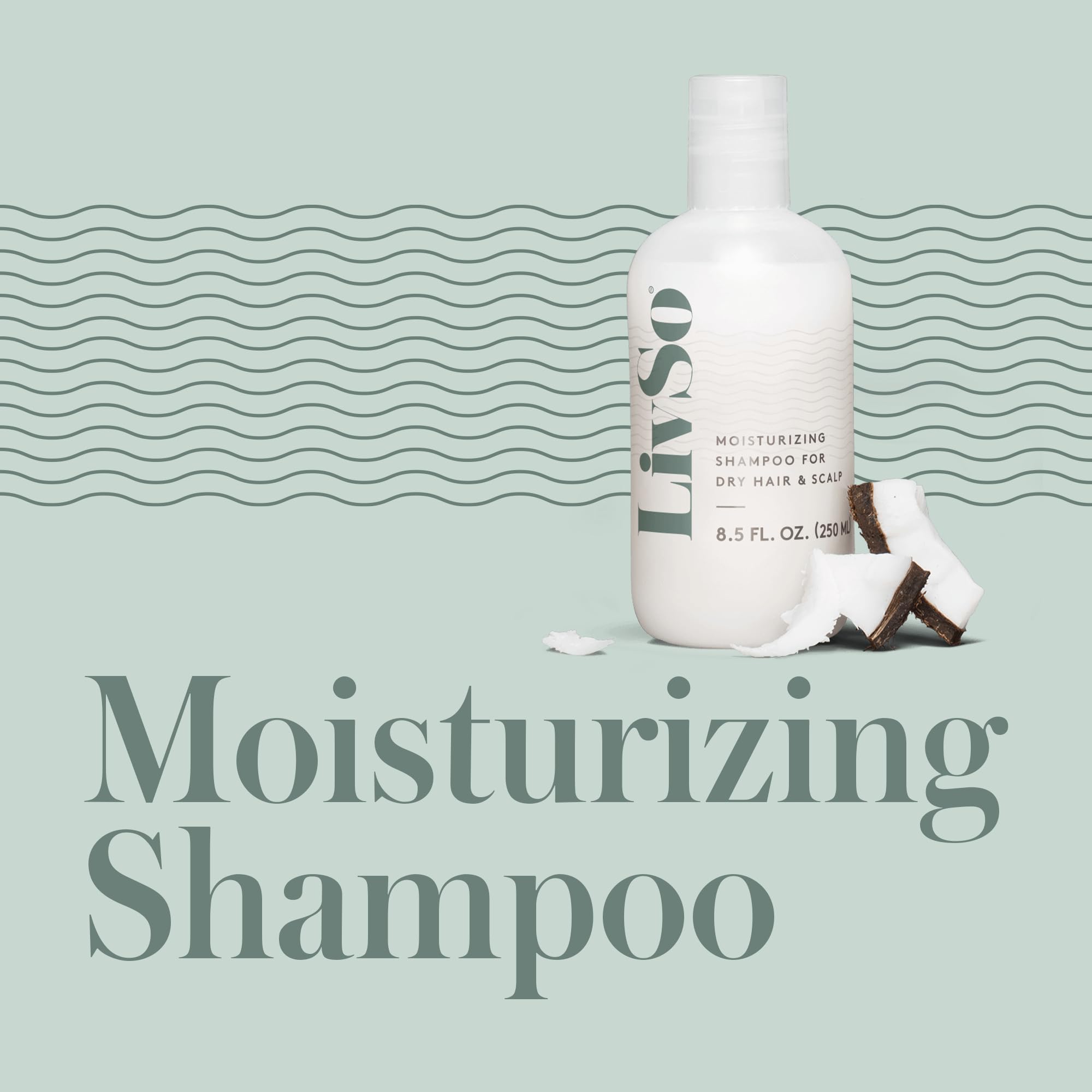 LivSo Moisturizing Shampoo bottle closeup highlights coconut oil moisture for hair and scalp