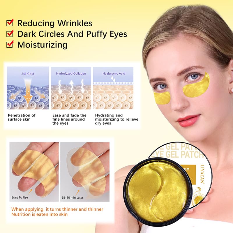 LIYALAN parches ojos 24K oro, combate ojeras con resultados visibles