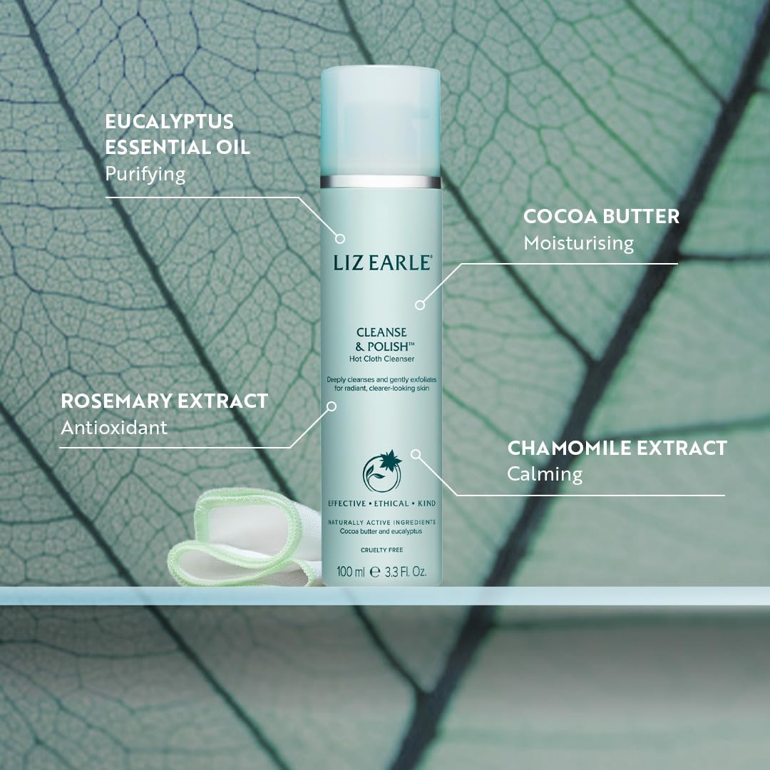 Liz Earle Cleanse & Polish cotton cloth closeup emphasizing gentle exfoliation and makeup removal.
