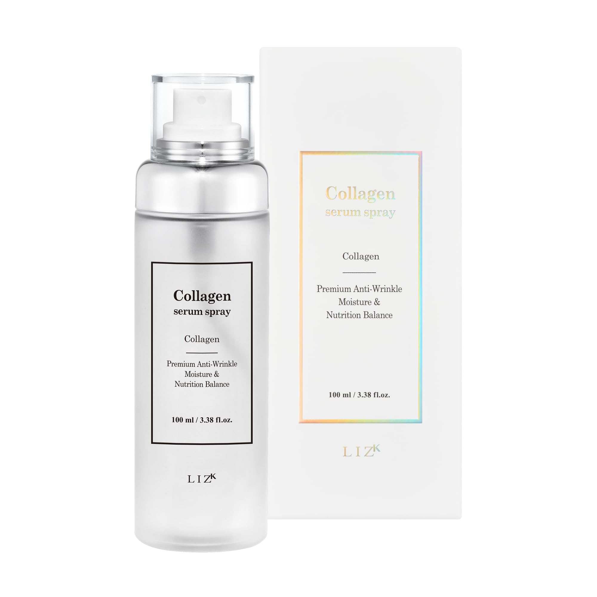 LIZK collagen serum spray bottle for quick facial hydration.