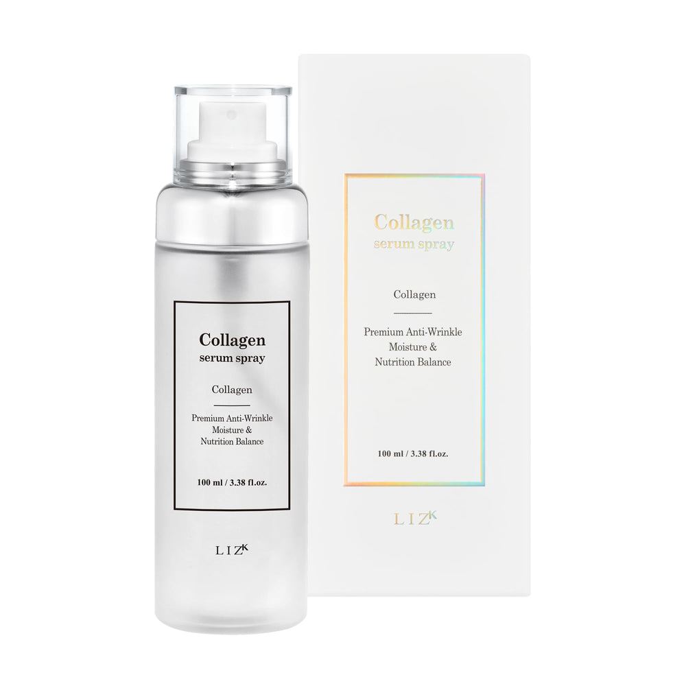 LIZK collagen serum spray bottle for quick facial hydration.