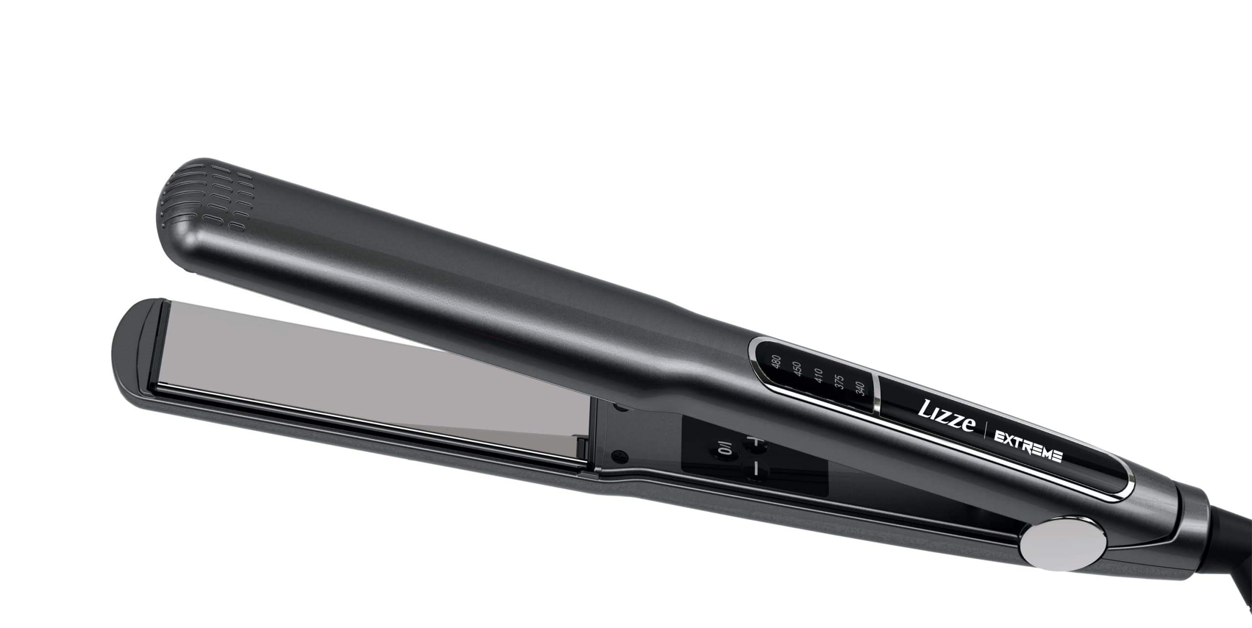 Lizze Extreme flatiron heat display highlights fast heating for quick styling.