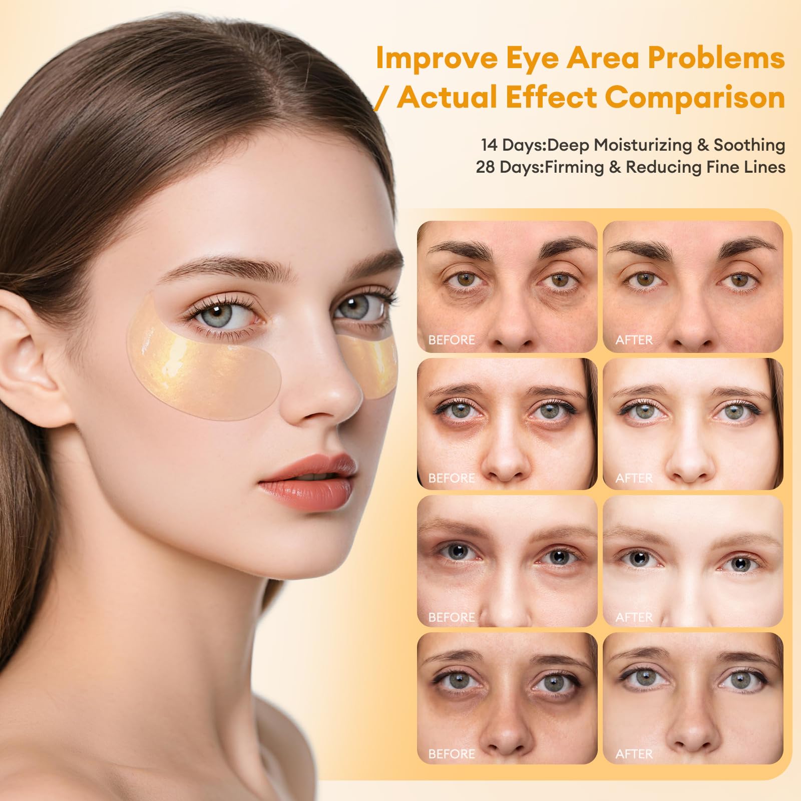 LJ KuKu Lady Under Eye Patches Gold Essence close-up shows shimmering gold-infused hydrogel texture.