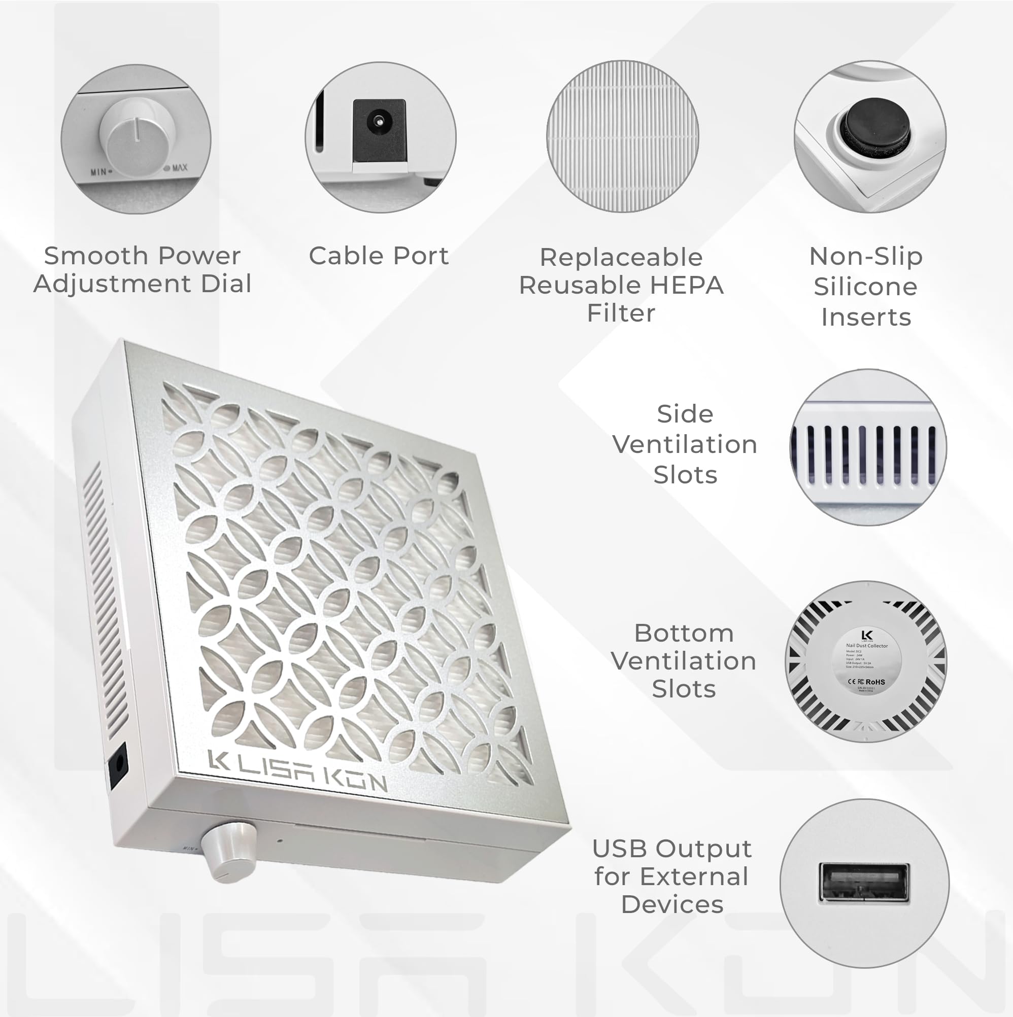 LK LISA KON Nail Dust Collector top view shows slim profile for desk space