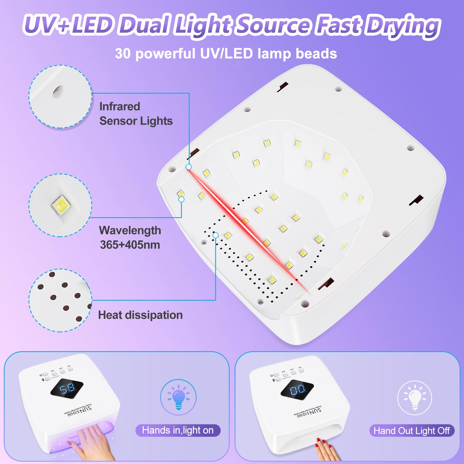 LKE cordless UV nail lamp wide cure space accommodates fingernails and toenails