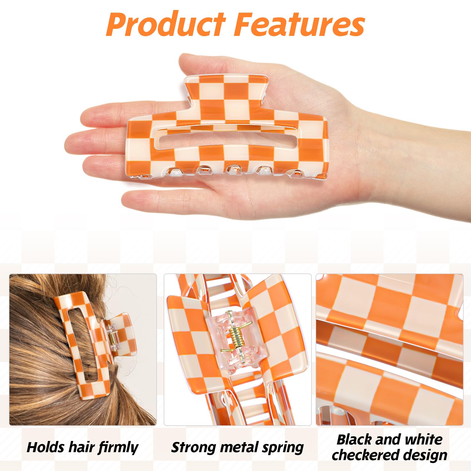 LLOUSSAK medium rectangle checkered clip orange-white for medium hair