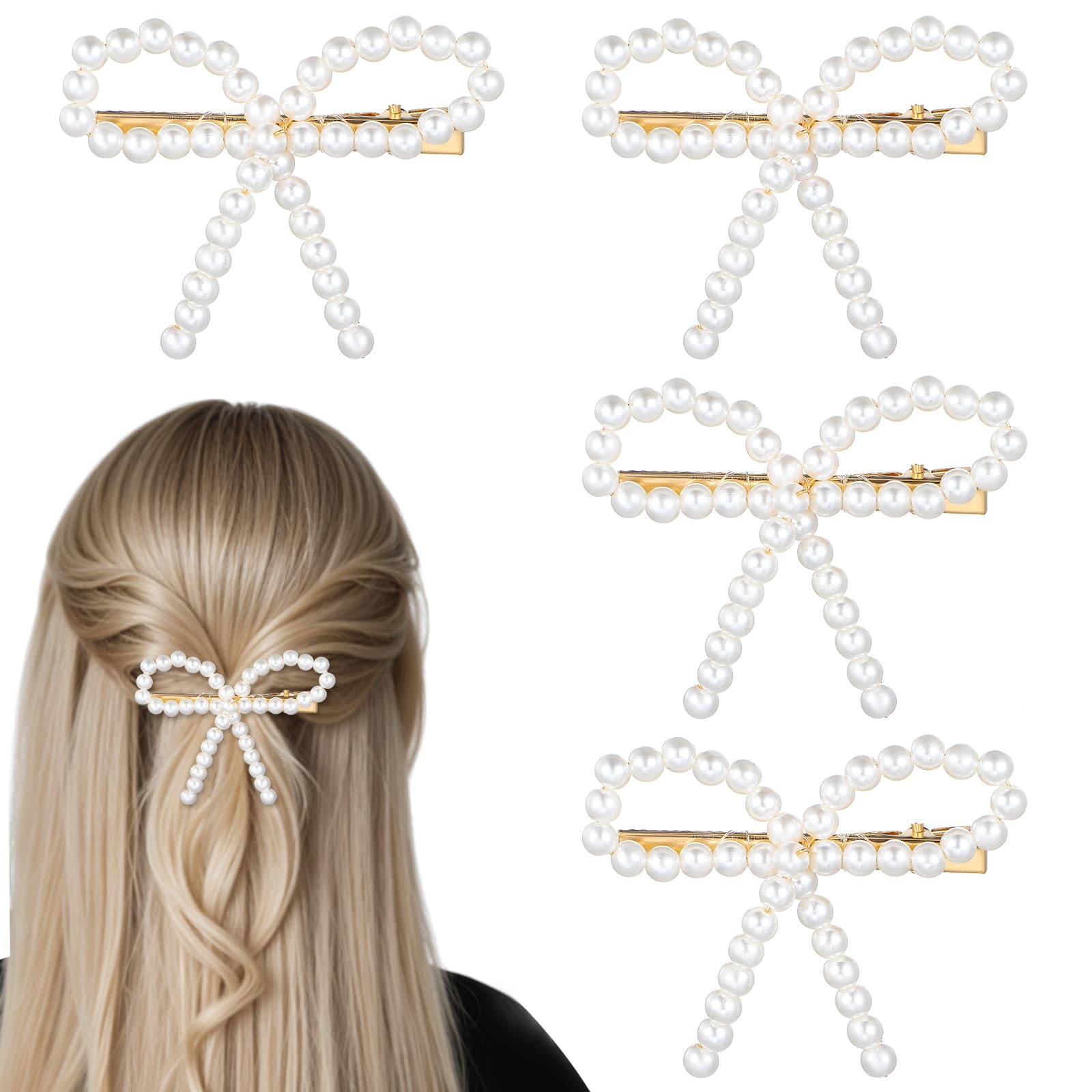 LLOUSSAK Pearl Bow Clip close-up showing glossy faux pearls and secure non-slip design.