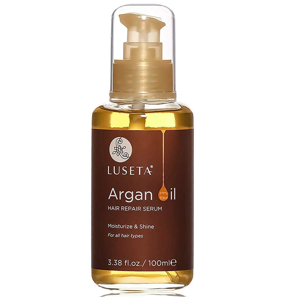 L LUSETA argan oil serum bottle front view for frizz control and silky shine.