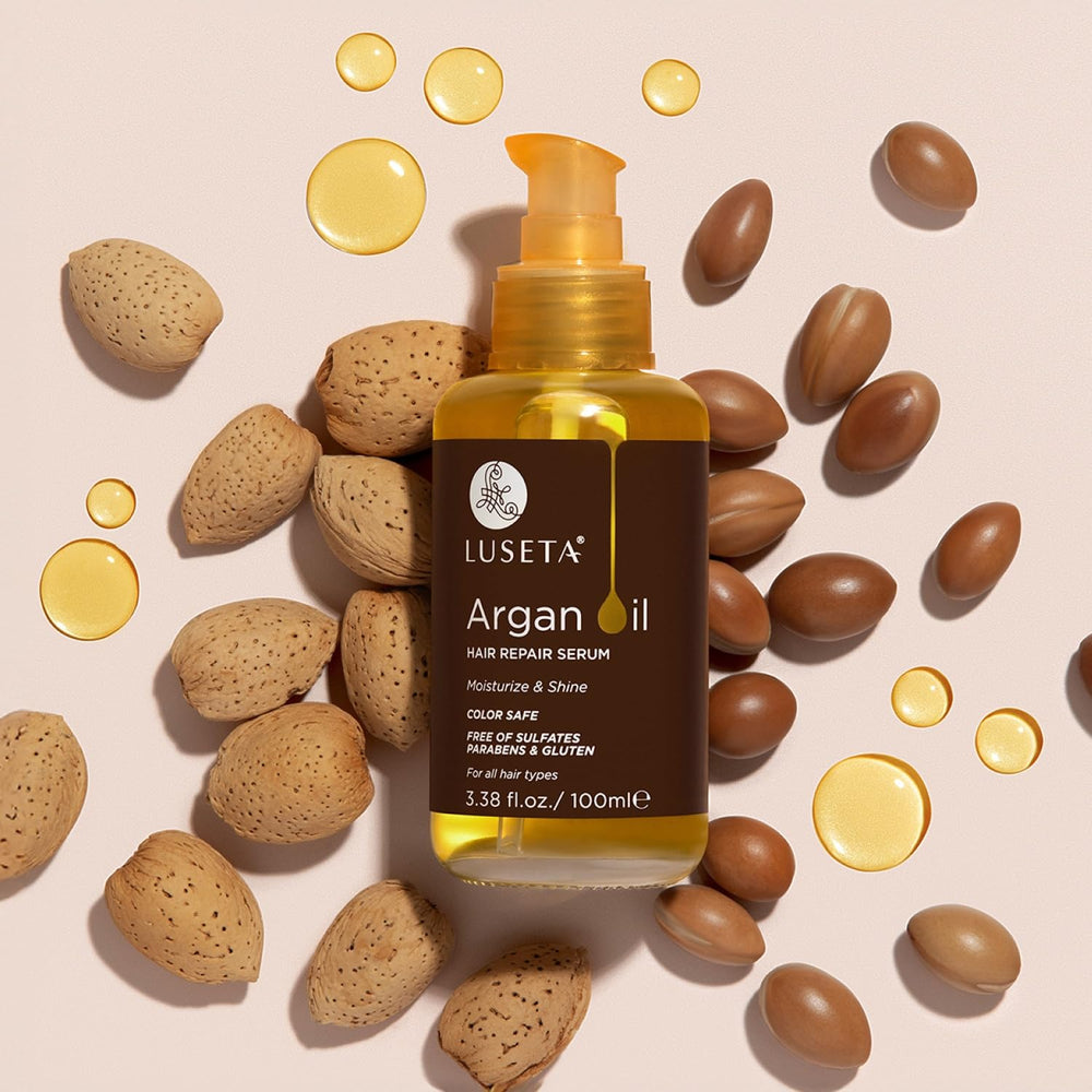 L LUSETA argan oil serum dropper delivers even hydration to hair.