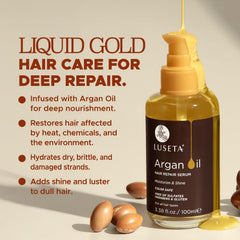 L LUSETA argan oil serum hair application demonstrates smoothing from mid-lengths to ends.