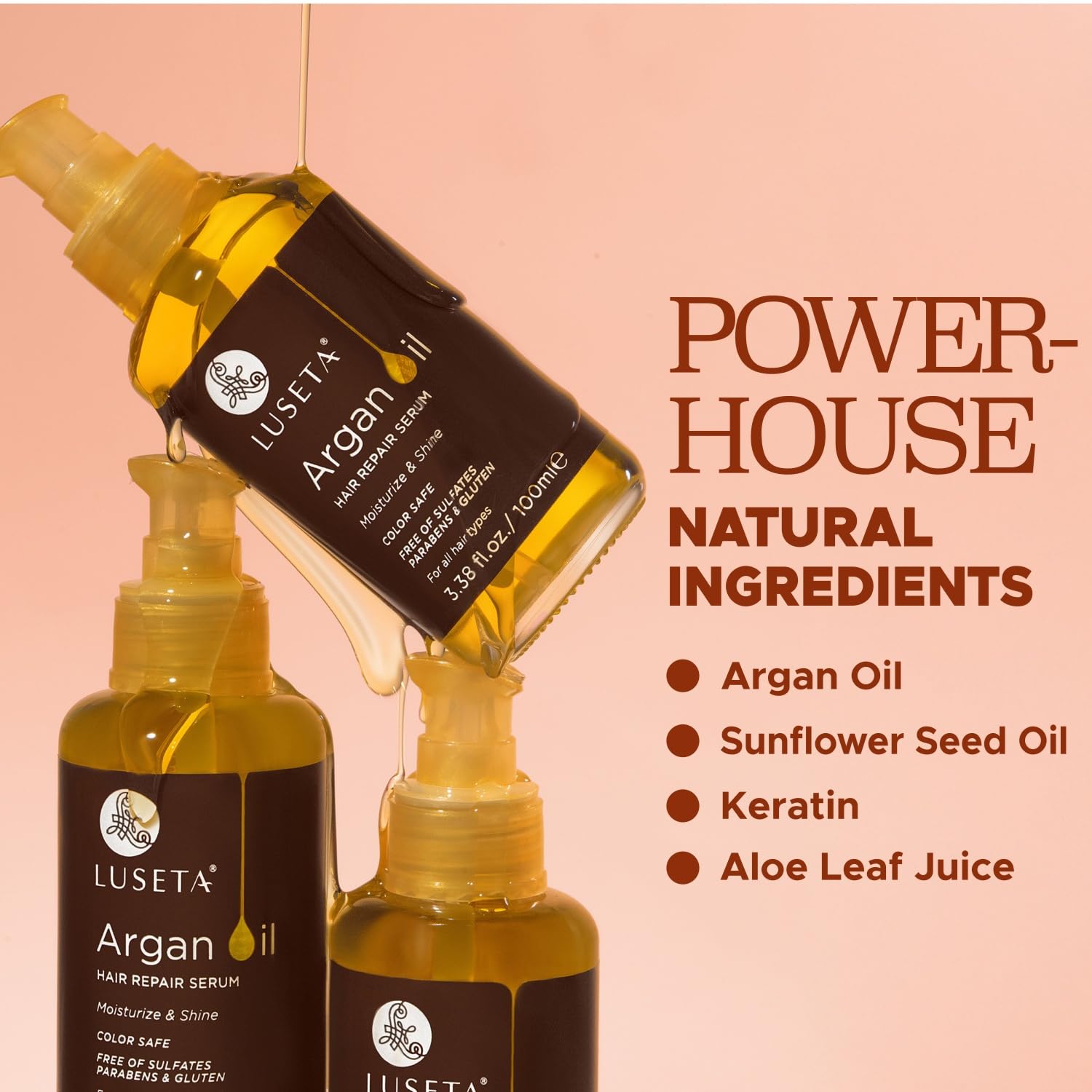 L LUSETA argan oil serum smooths straight, wavy, and curly hair with added shine.