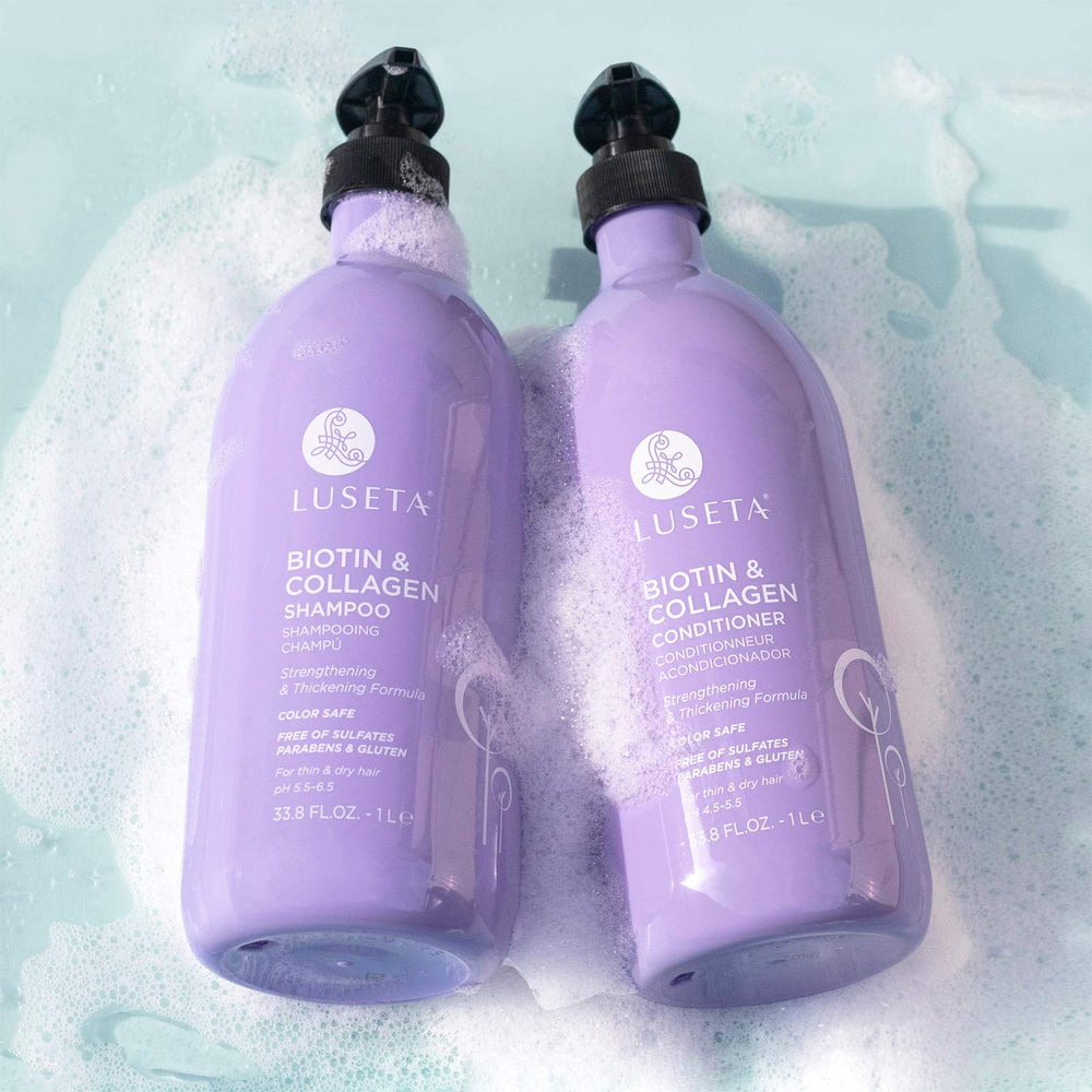L LUSETA Biotin & Collagen Conditioner foam eases detangling and adds shine.