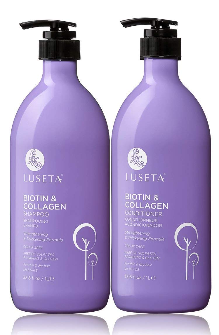 L LUSETA Biotin & Collagen Shampoo bottle boosts volume for thicker hair.