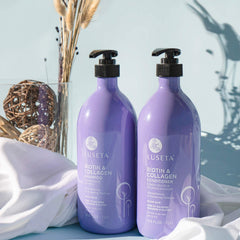 L LUSETA Biotin & Collagen Shampoo foam shows gentle cleansing and hydrated strands.