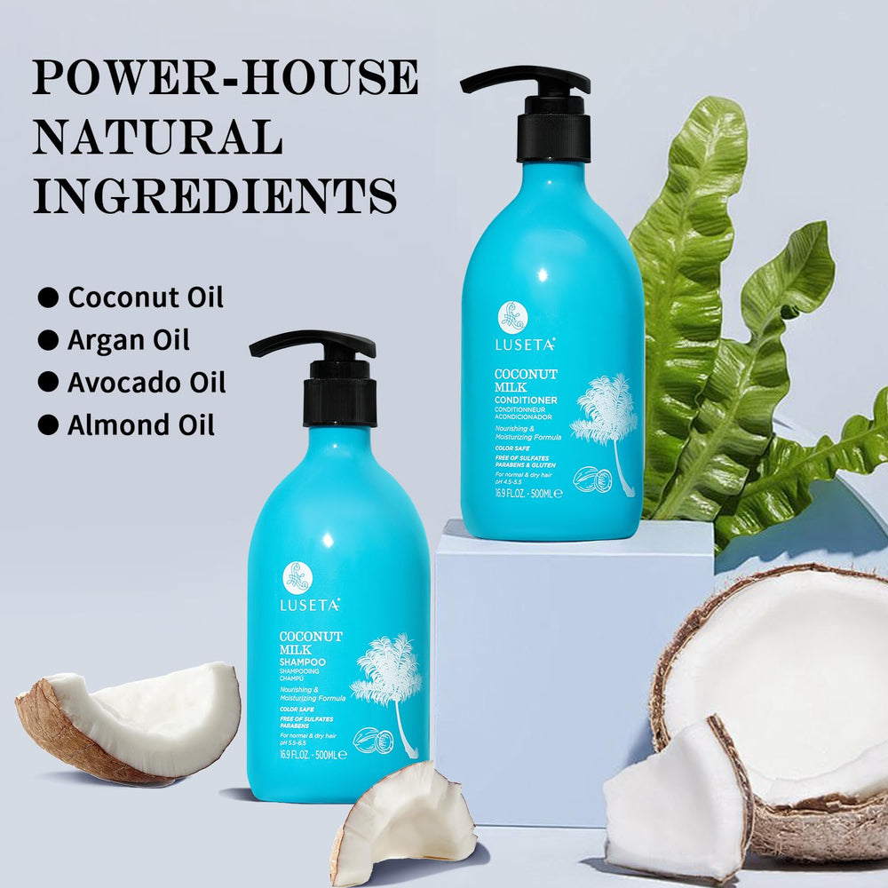 L LUSETA Coconut Milk Conditioner bottle delivers deep hydration for silky, manageable hair.