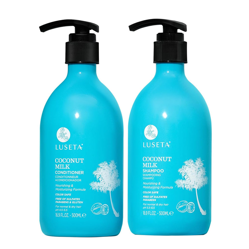 L LUSETA Coconut Milk Shampoo bottle showcases sulfate-free, color-safe cleansing for vibrant hair.