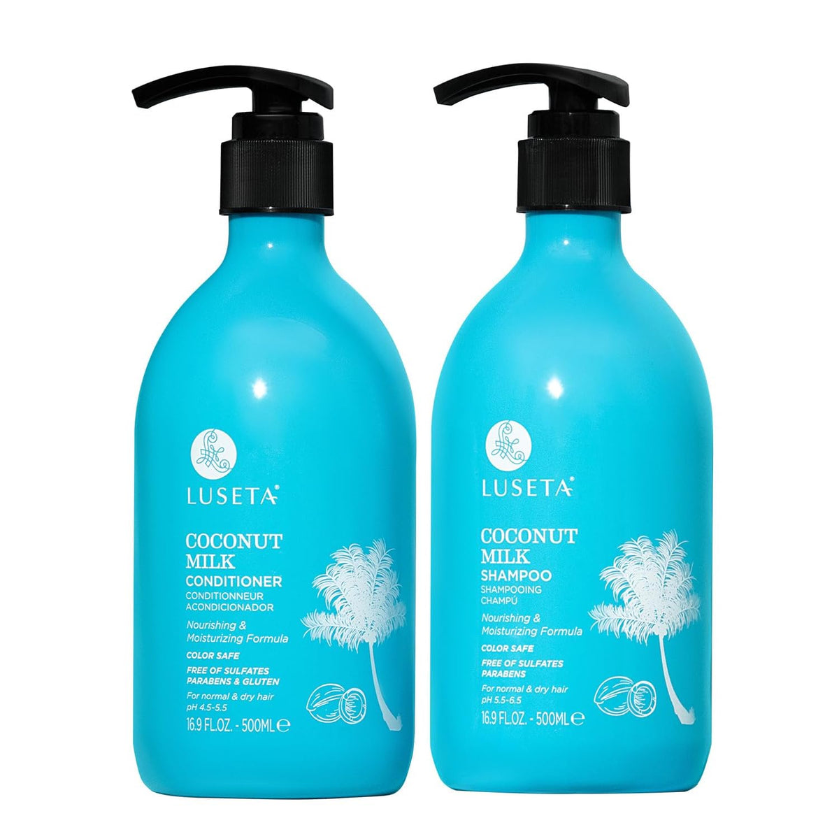 L LUSETA Coconut Milk Shampoo bottle showcases sulfate-free, color-safe cleansing for vibrant hair.
