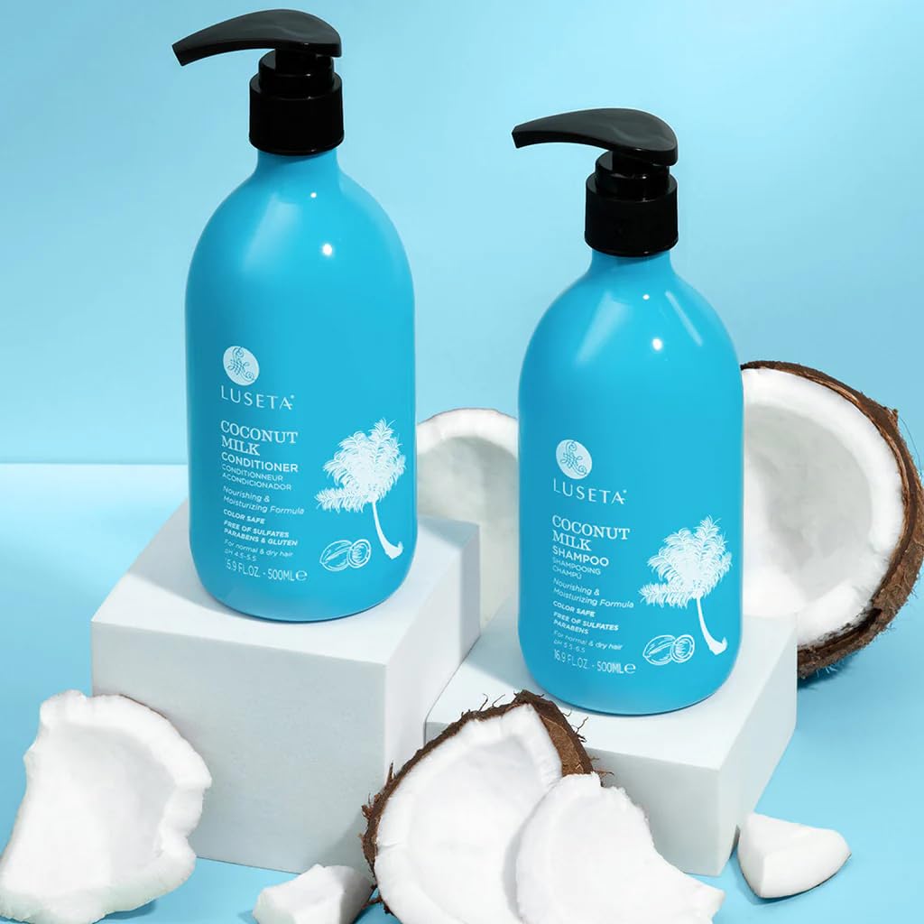 L LUSETA Coconut Milk Shampoo pH-balanced label emphasizes gentle scalp care.
