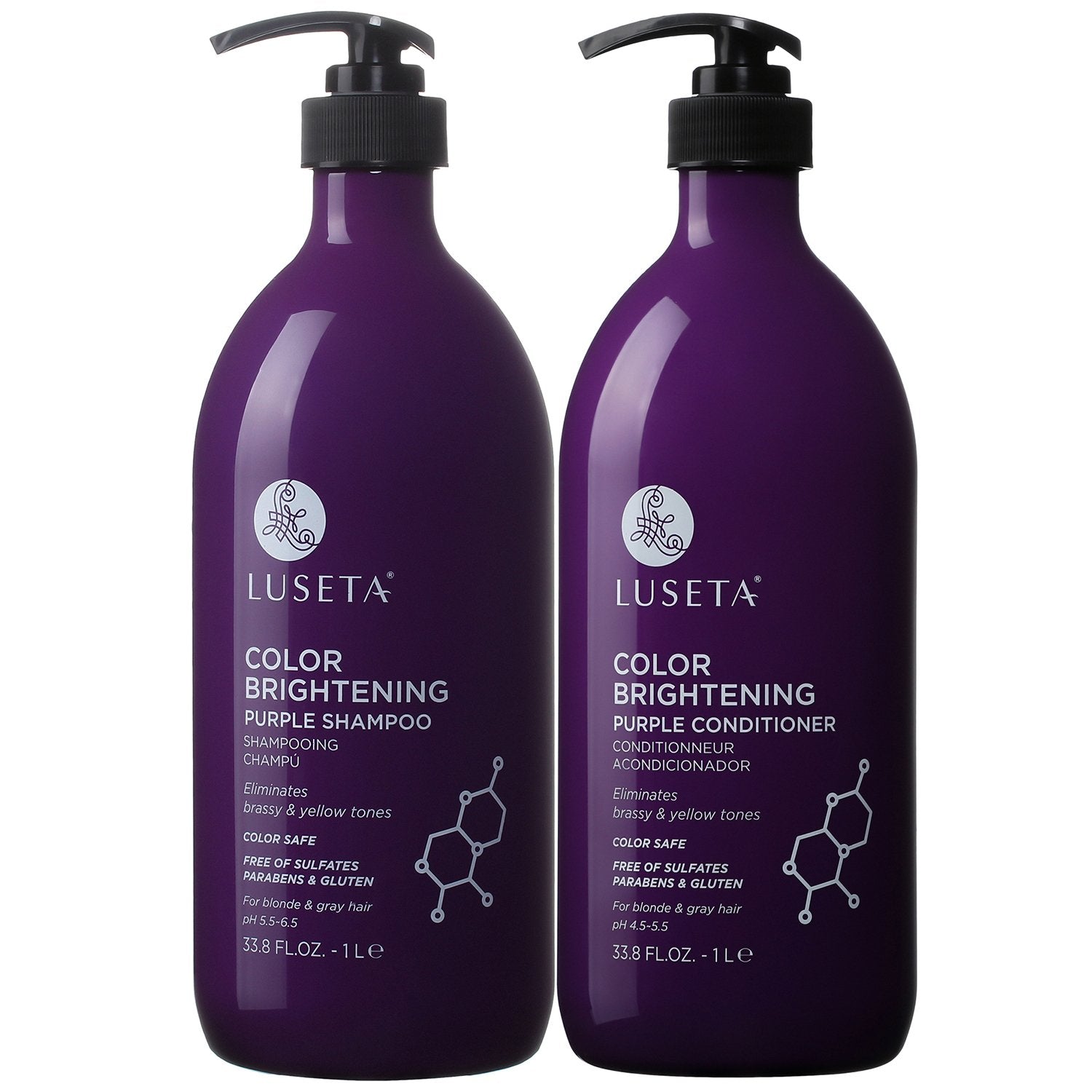L LUSETA color-brightening purple shampoo bottle, color-safe cleansing for blond and gray hair