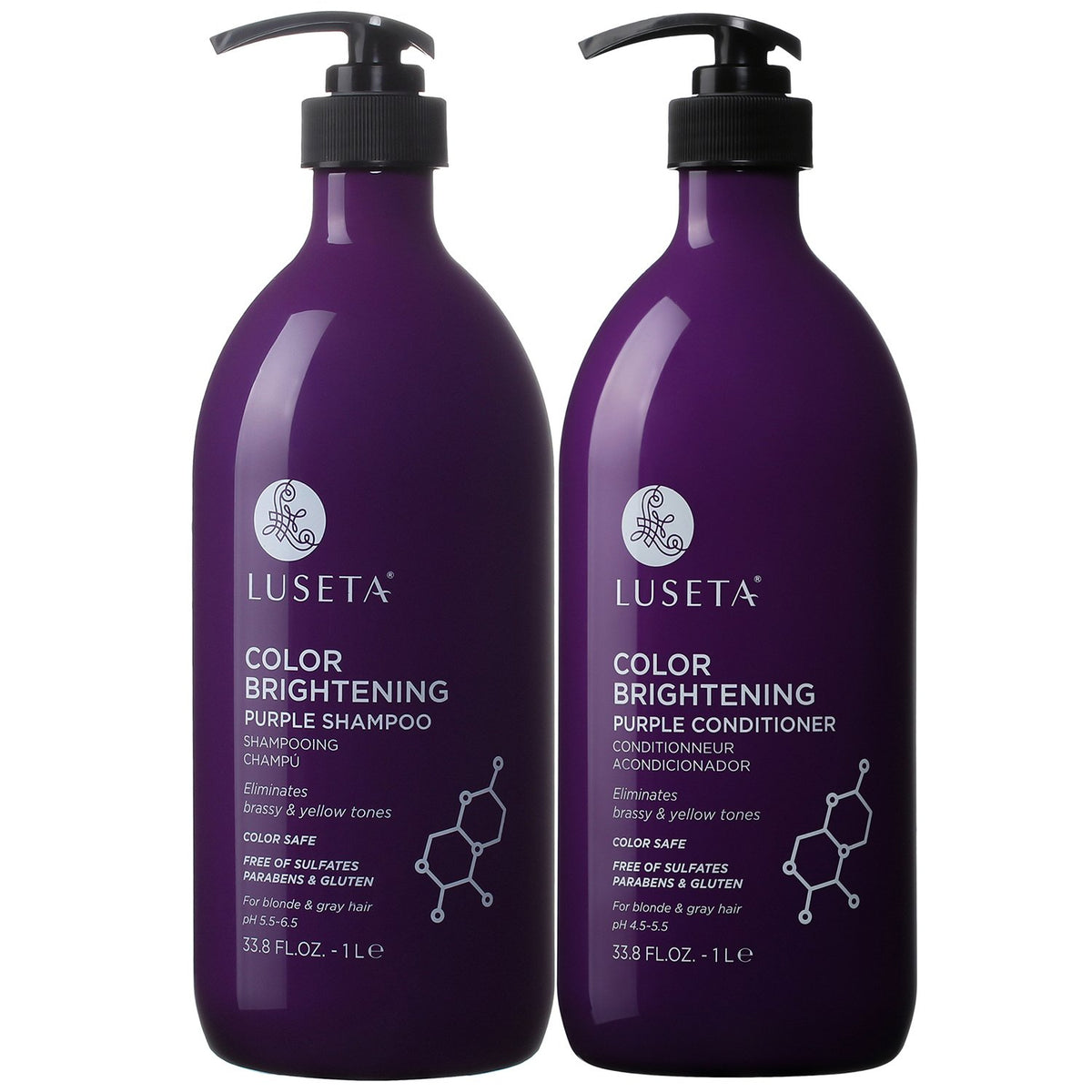 L LUSETA color-brightening purple shampoo bottle, color-safe cleansing for blond and gray hair