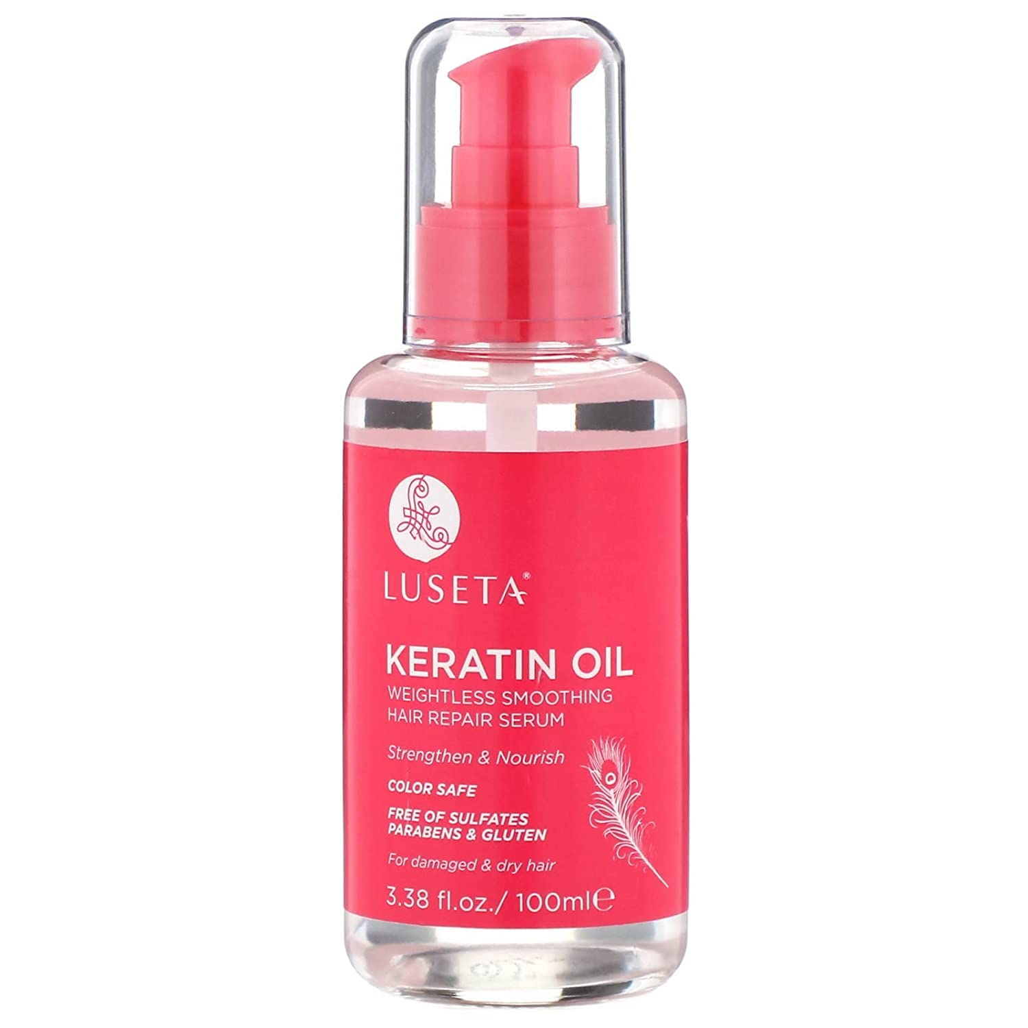 Luseta keratin hair oil serum bottle closeup highlighting nourishing treatment for color-treated hair
