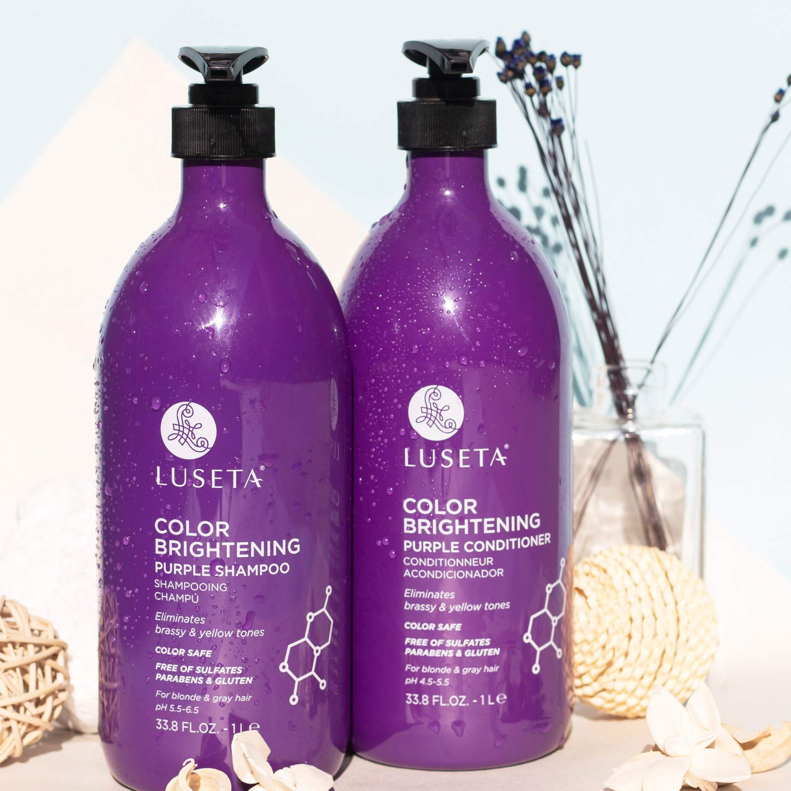 L LUSETA purple conditioner close-up on hair shaft, sleek conditioning and shine