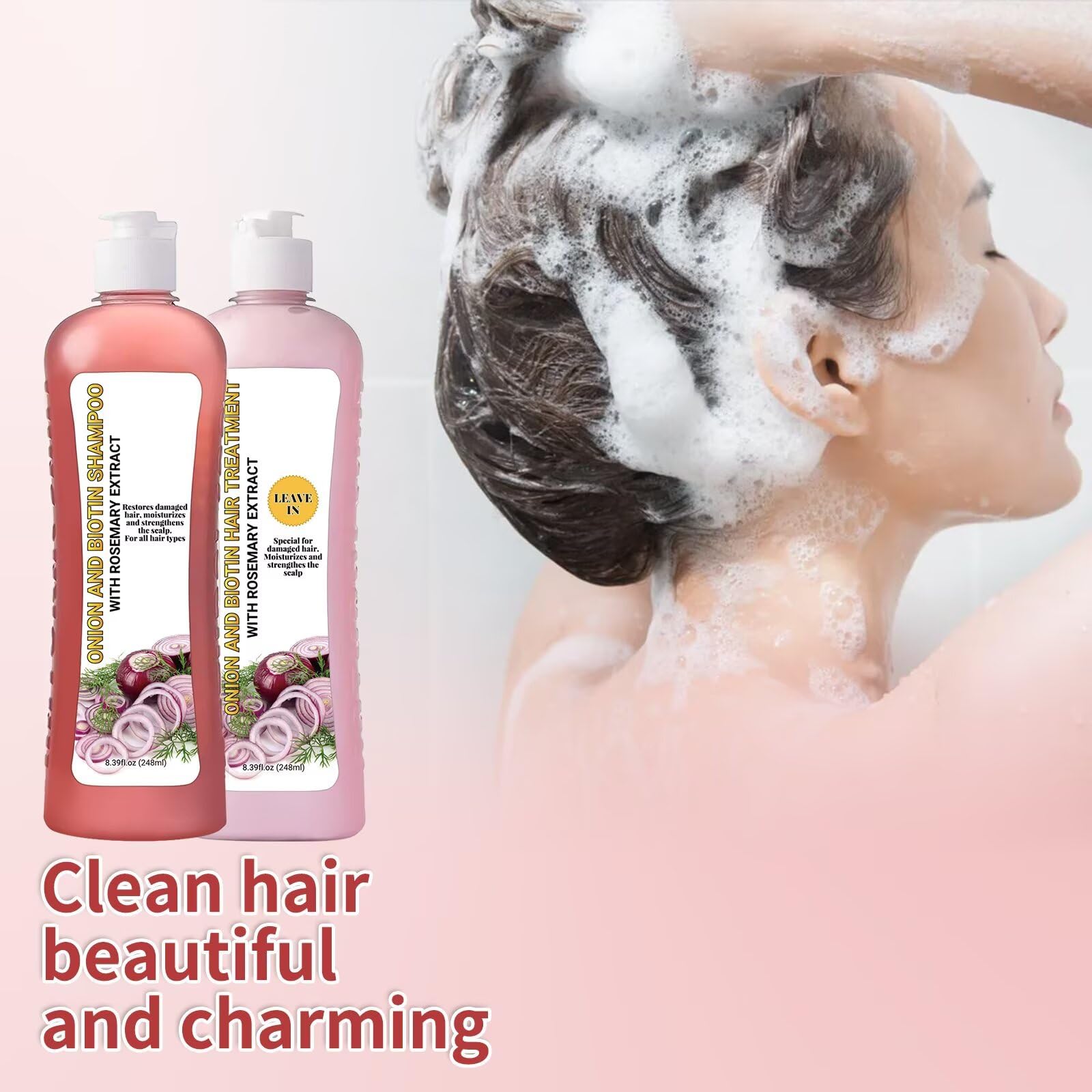 LMDGDS Onion Rosemary Shampoo packaging display emphasizing clean, silicone-free formula