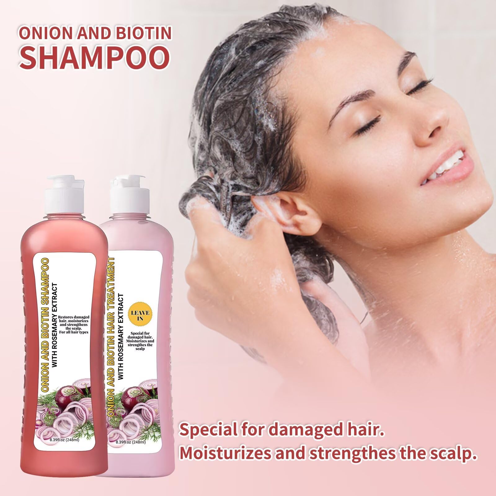 LMDGDS Onion Rosemary Shampoo scalp and hair close-up suggesting reduced breakage