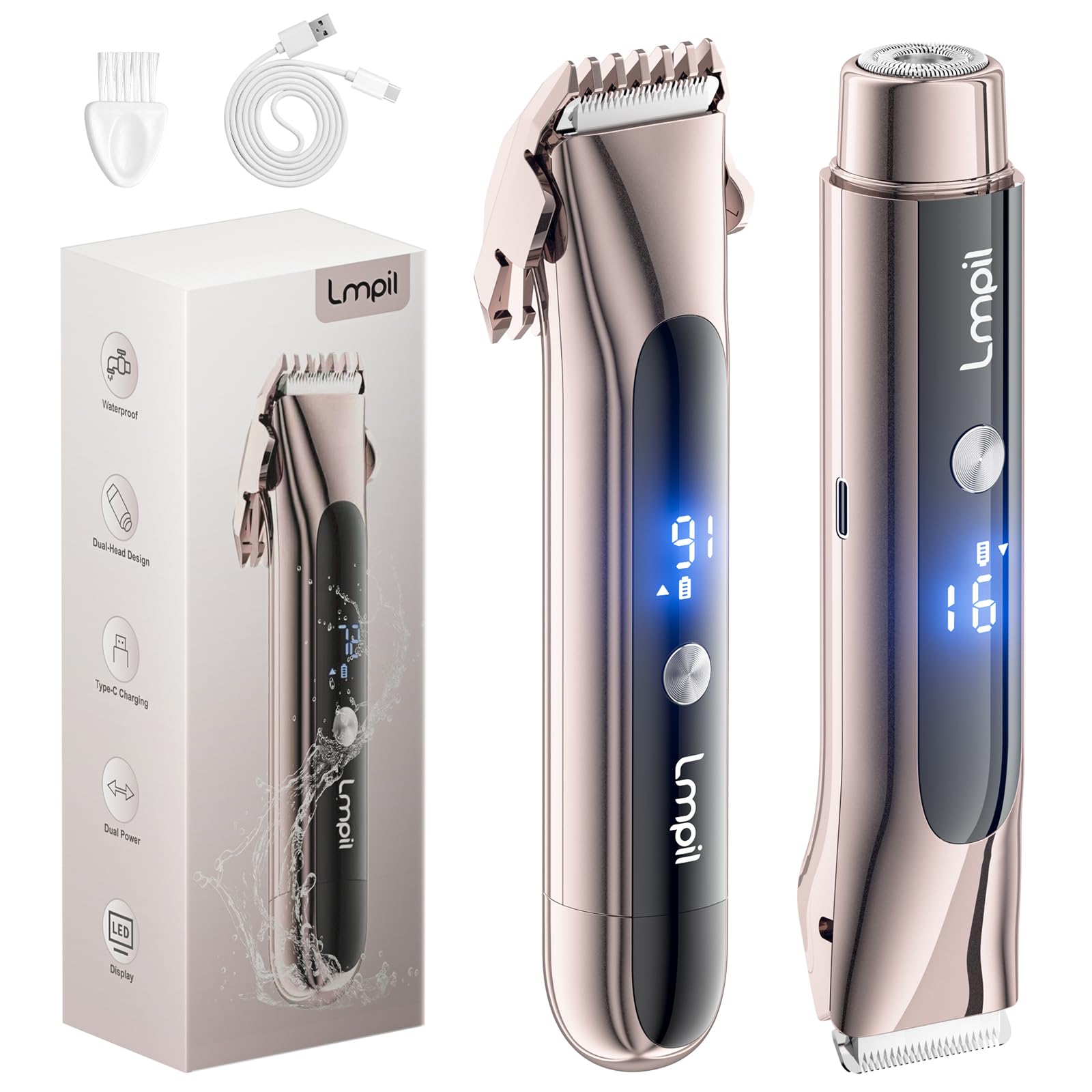 Lmpil bikini-trimmer dual-head closeup for precise face and body shaving.