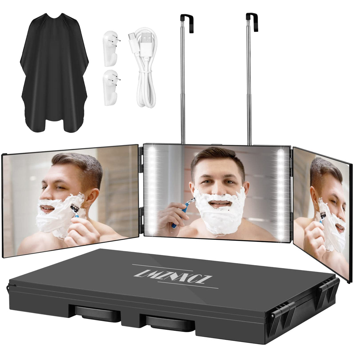 LMZNXCZ 3-way mirror front view shows back-of-head visibility for precise DIY trims