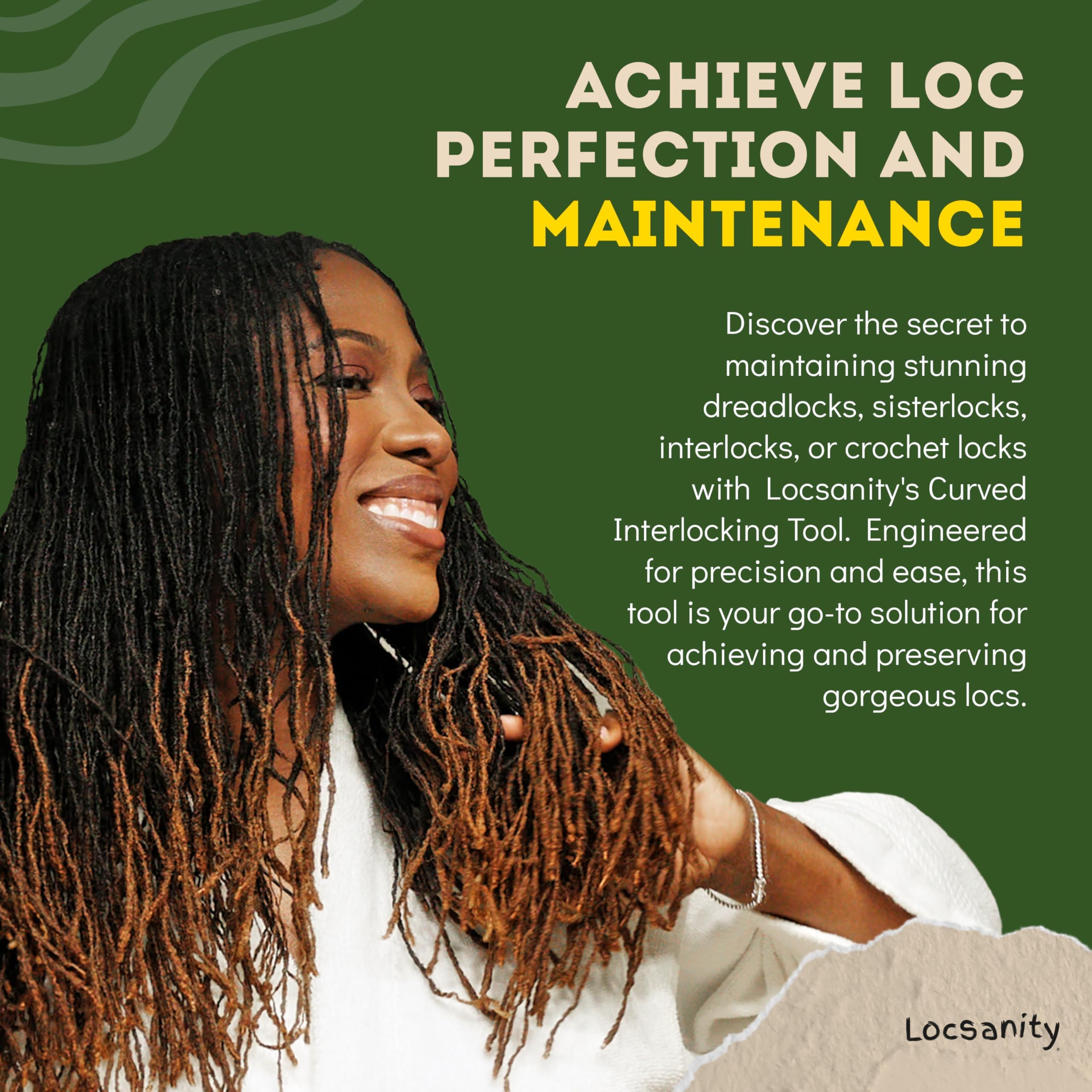 Locsanity curved interlocking tool for dreadlocks; precise, pain-free styling