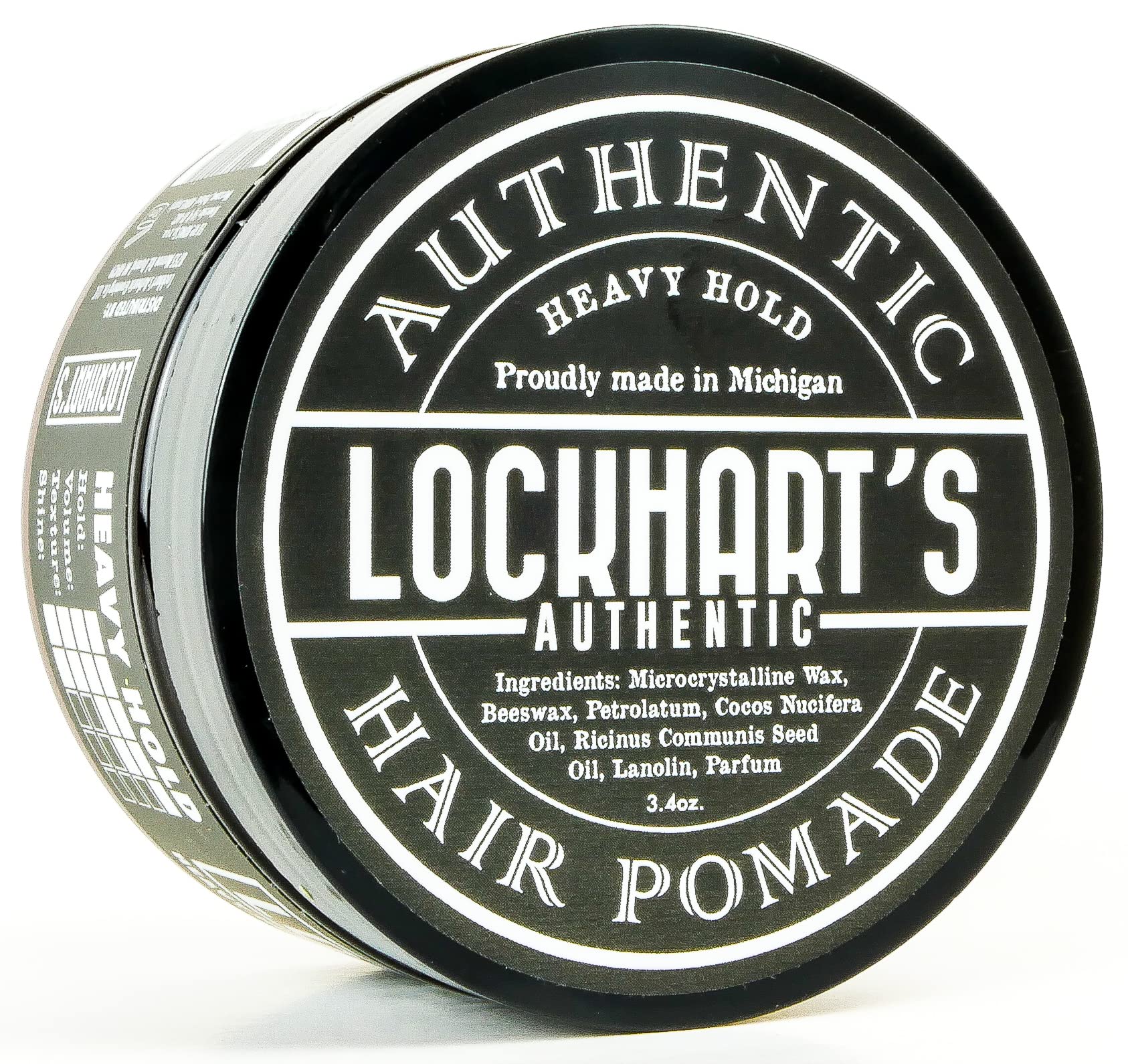 Lockhart's Heavy Hold pomade jar front for strong, long-lasting styling.