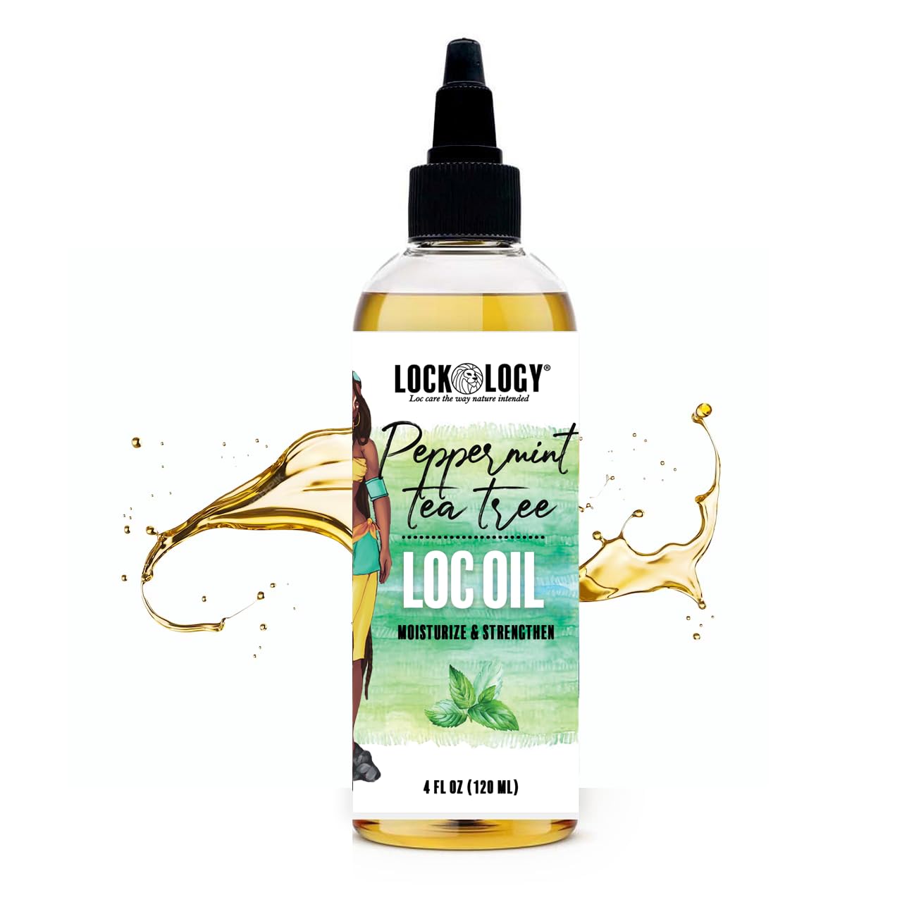 Lockology Peppermint Tea Tree Loc Oil bottle shows refreshing growth support for locs.