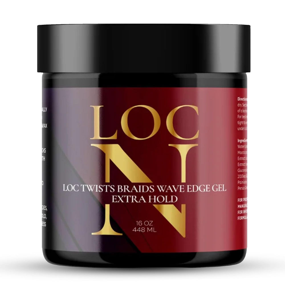 LOCN twist braids edge gel 16oz bottle with non-greasy hold for all hair types.