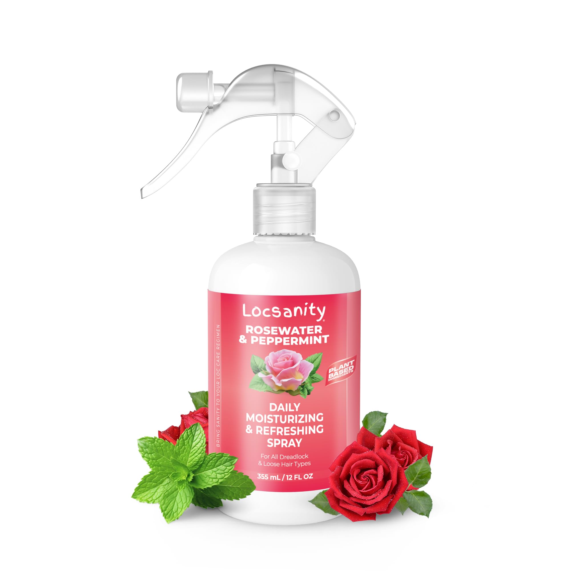 Locsanity daily spray bottle with rosewater and peppermint for refreshed locs.