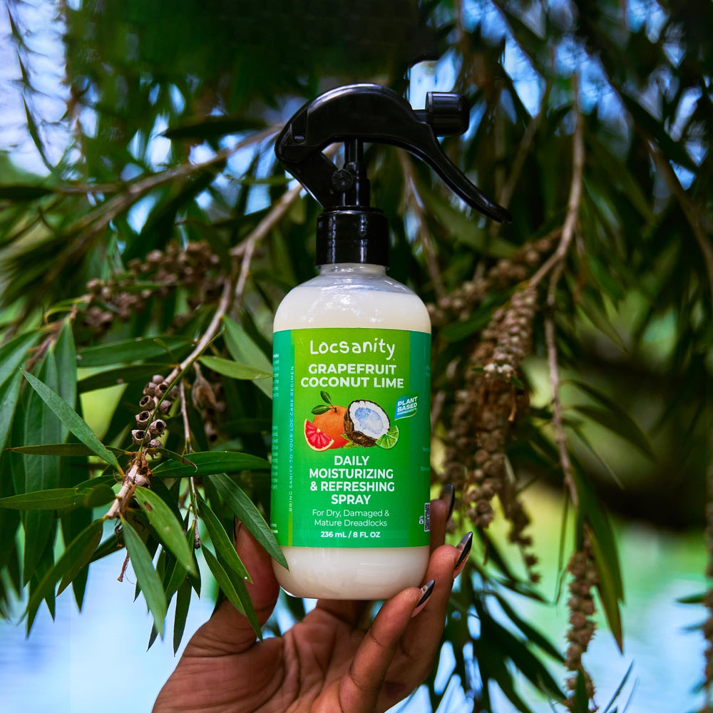 Locsanity Grapefruit Coconut & Lime label closeup highlights coconut oil and rosewater ingredients.