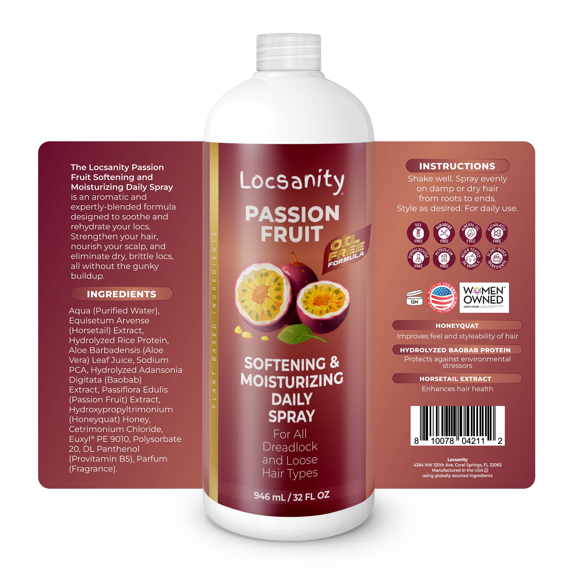 Locsanity passion-fruit scent spray refreshes locs with bright aroma.