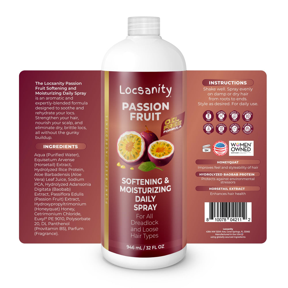 Locsanity passion-fruit scent spray refreshes locs with bright aroma.